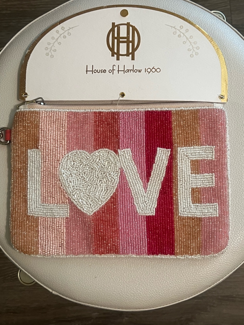 House of Harlow 1960 Pink & Red Striped Beaded LOVE Pouch